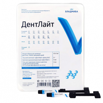 ДентЛайт, микрогибридный композитный материал светового отверждения, профессиональный набор, 12 шприцев