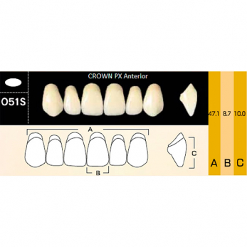 Crown PX Anterior зубы композитные трёхслойные, фронтальные верхние, фасон O51S, цвет A2, 6 шт.