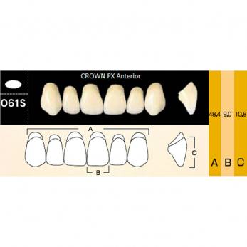Crown PX Anterior зубы композитные трёхслойные, фронтальные верхние, фасон O61S, цвет A2, 6 шт.