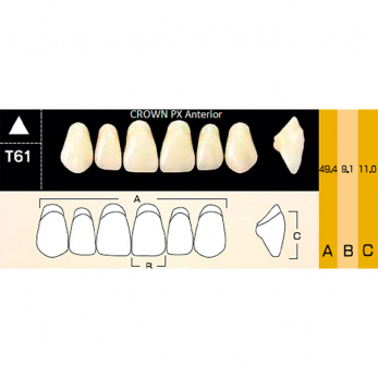 Crown PX Anterior зубы композитные трёхслойные, фронтальные верхние, фасон T61, цвет A4, 6 шт.