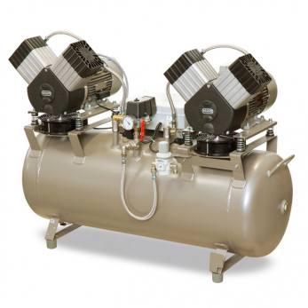 Ekom DK50 2x2V/110S/M безмасляный компрессор для 3-4 установок, 8-10 бар, с ресивером 110 л, 225 л/мин, с осушителем, в кожухе, 3x400В