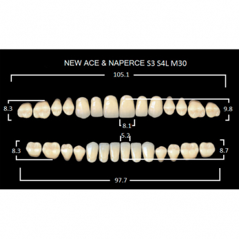 Gloria New Ace & Naperce зубы акриловые двухслойные, полный гарнитур, фасон S3/S4L М30, цвет A3,5, 28 шт.