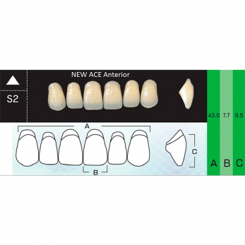 New Ace Anterior зубы акриловые двухслойные, фронтальные верхние, фасон S2, цвет A2, 6 шт.