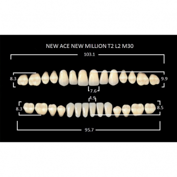 New Ace & New Million зубы акриловые двухслойные и однослойные, полный гарнитур, фасон T2/L2 M30, цвет A2, 28 шт.